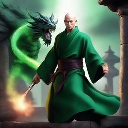 A human monk with black dragon scales covering one shoulder, wielding a sword with green flames