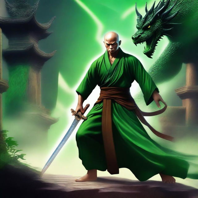 A human monk with black dragon scales covering one shoulder, wielding a sword with green flames