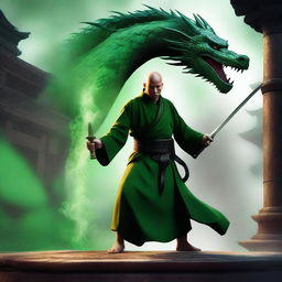 A human monk with black dragon scales covering one shoulder, wielding a sword with green flames