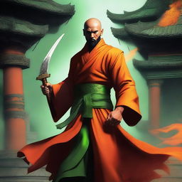 A human monk, bald with a black beard, dressed in orange robes