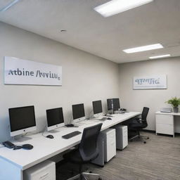 Picture of a clean, modern office with up-to-date technology and a bustling environment, the office sign shows the name 'Advibe Marketing'. The office reflects a successful marketing agency vibe.