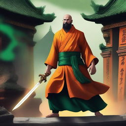 A human monk, bald with a black beard, dressed in orange robes