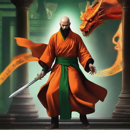 A human monk, bald with a black beard, dressed in orange robes