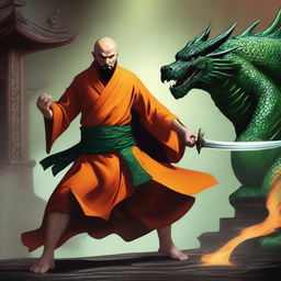 A human monk, bald with a black beard, dressed in orange robes but topless, revealing black dragon scales on one shoulder