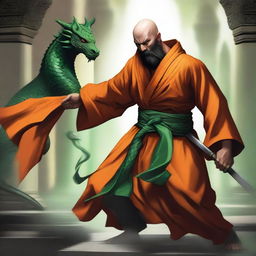 A human monk, bald with a black beard, dressed in orange robes but topless, revealing black dragon scales on one shoulder