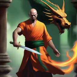 A human monk, bald with a black beard, dressed in orange robes but topless, revealing black dragon scales on one shoulder