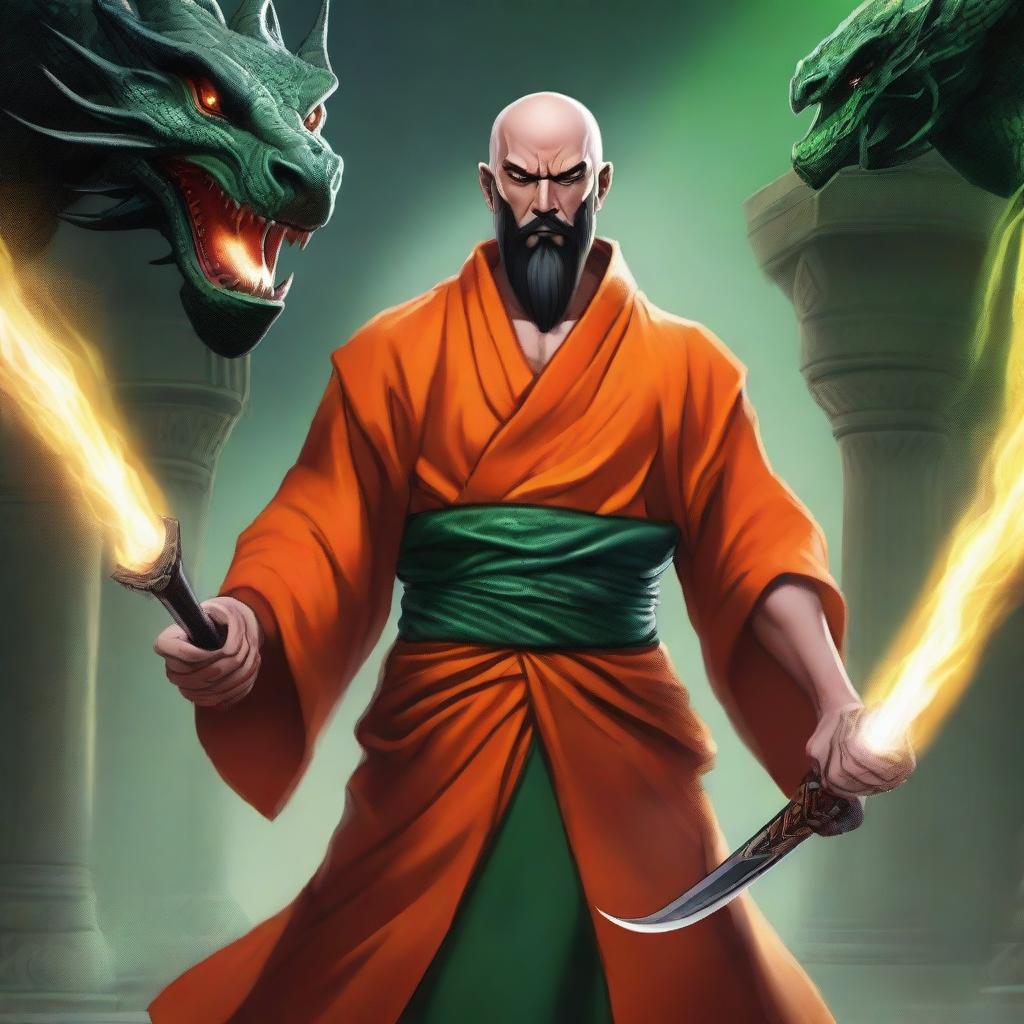 A human monk, bald with a black beard, dressed in orange robes but topless, revealing black dragon scales on one shoulder