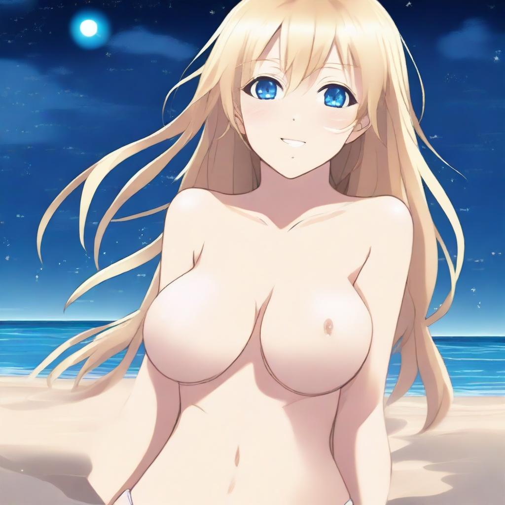 An anime-style full body shot of a blond girl on the beach at nighttime