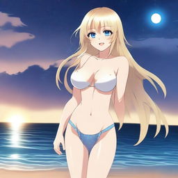 An anime-style full body shot of a blond girl on the beach at nighttime