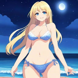 An anime-style full body shot of a blond girl on the beach at nighttime