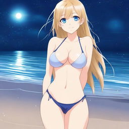 An anime-style full body shot of a blond girl on the beach at nighttime