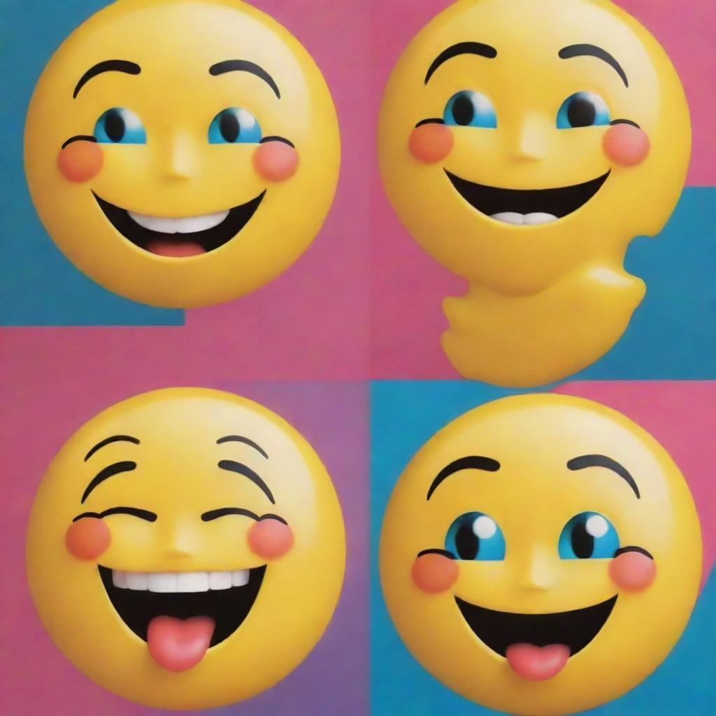 A digital collage of four emoji faces, specifically three grinning faces with sweat and one face with tears of joy, in a pop-art style.