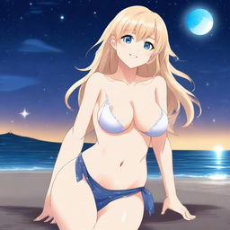 An anime-style full body shot of a blond girl on the beach at nighttime