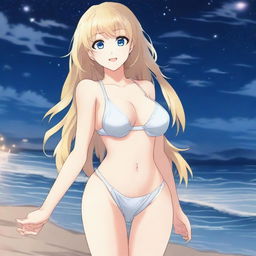 An anime-style full body shot of a blond girl on the beach at nighttime