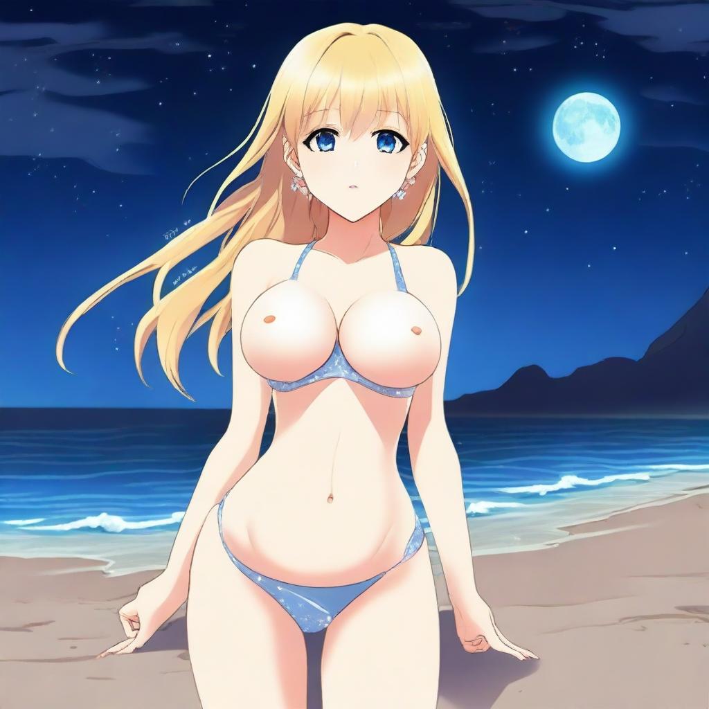 An anime-style full body shot of a blond girl on the beach at nighttime