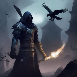 A Shadar-Kai warlock with pale skin and dark, shadowy features, dressed in raven-themed armor adorned with feathers and intricate designs