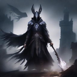 A Shadar-Kai warlock with pale skin and dark, shadowy features, dressed in raven-themed armor adorned with feathers and intricate designs