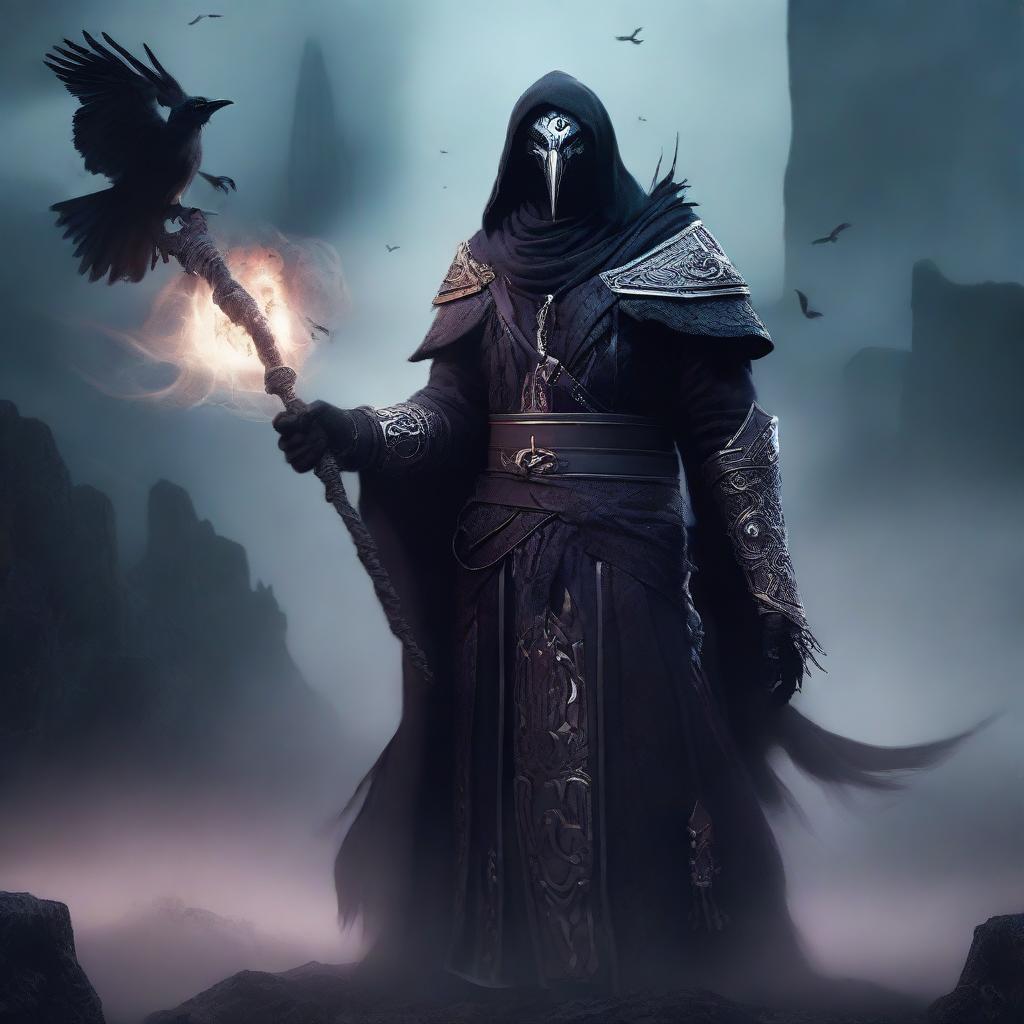 A Shadar-Kai warlock with pale skin and dark, shadowy features, dressed in raven-themed armor adorned with feathers and intricate designs