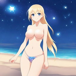 An anime-style full body shot of a blond girl on the beach at nighttime