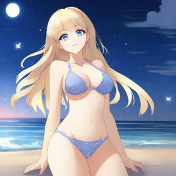 An anime-style full body shot of a blond girl on the beach at nighttime