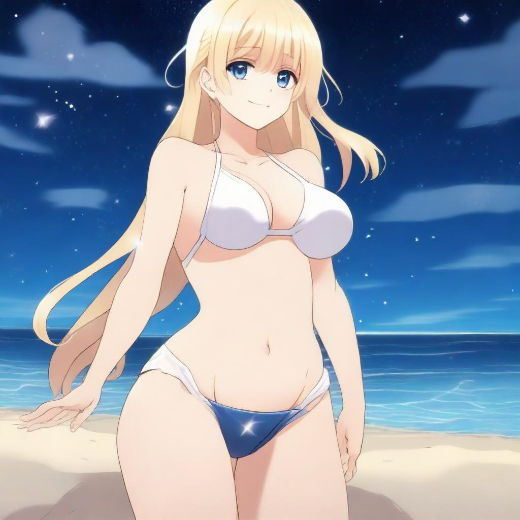 An anime-style full body shot of a blond girl on the beach at nighttime