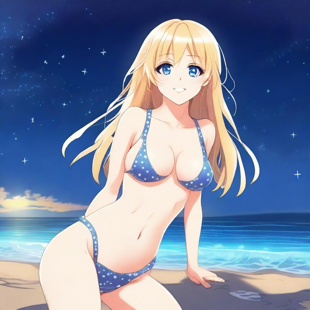 An anime-style full body shot of a blond girl on the beach at nighttime