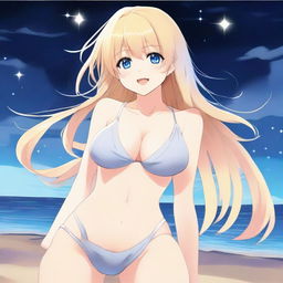 An anime-style full body shot of a blond girl on the beach at nighttime