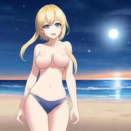 An anime-style full body shot of a blond girl on the beach at nighttime