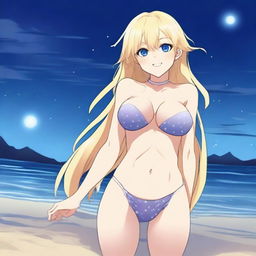 An anime-style full body shot of a blond girl on the beach at nighttime