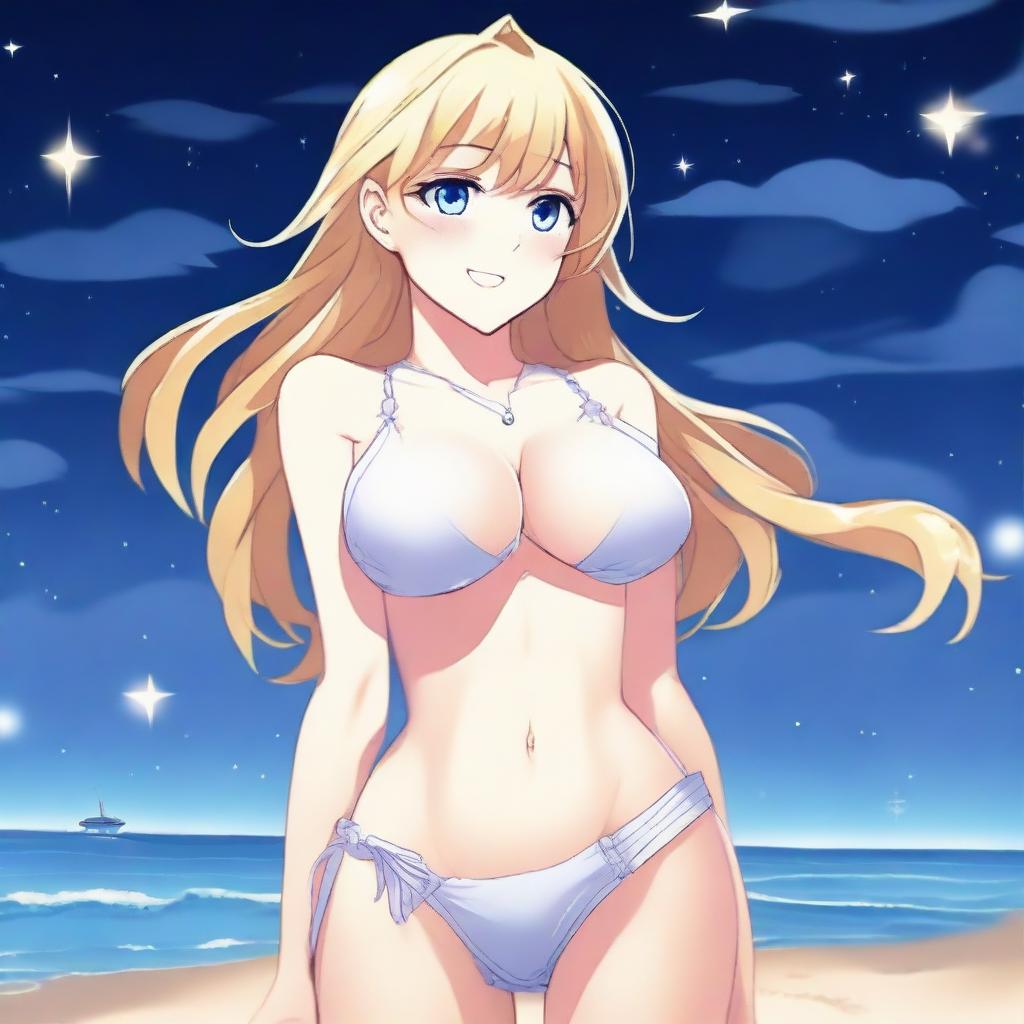 A detailed anime-style full body shot of a blond girl on the beach at nighttime