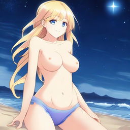 A detailed anime-style full body shot of a blond girl on the beach at nighttime