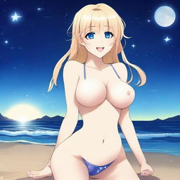 A detailed anime-style full body shot of a blond girl on the beach at nighttime