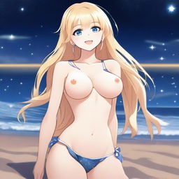 A detailed anime-style full body shot of a blond girl on the beach at nighttime