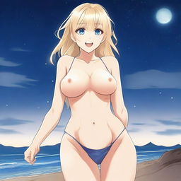 A detailed, realistic anime-style full body shot of a blond girl on the beach at nighttime