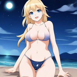 A detailed, realistic anime-style full body shot of a blond girl on the beach at nighttime