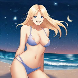 A detailed full body shot of a blond girl on the beach at nighttime