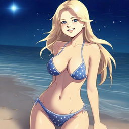 A detailed full body shot of a blond girl on the beach at nighttime