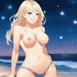 A detailed full body shot of a blond girl on the beach at nighttime