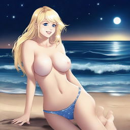 A detailed full body shot of a blond girl on the beach at nighttime