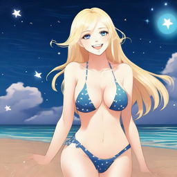 A detailed full body shot of a blond girl on the beach at nighttime