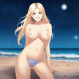 A detailed full body shot of a blond girl on the beach at nighttime