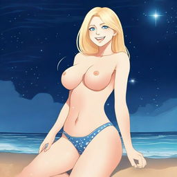 A detailed full body shot of a blond girl on the beach at nighttime