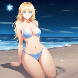 A detailed full body shot of a blond girl on the beach at nighttime