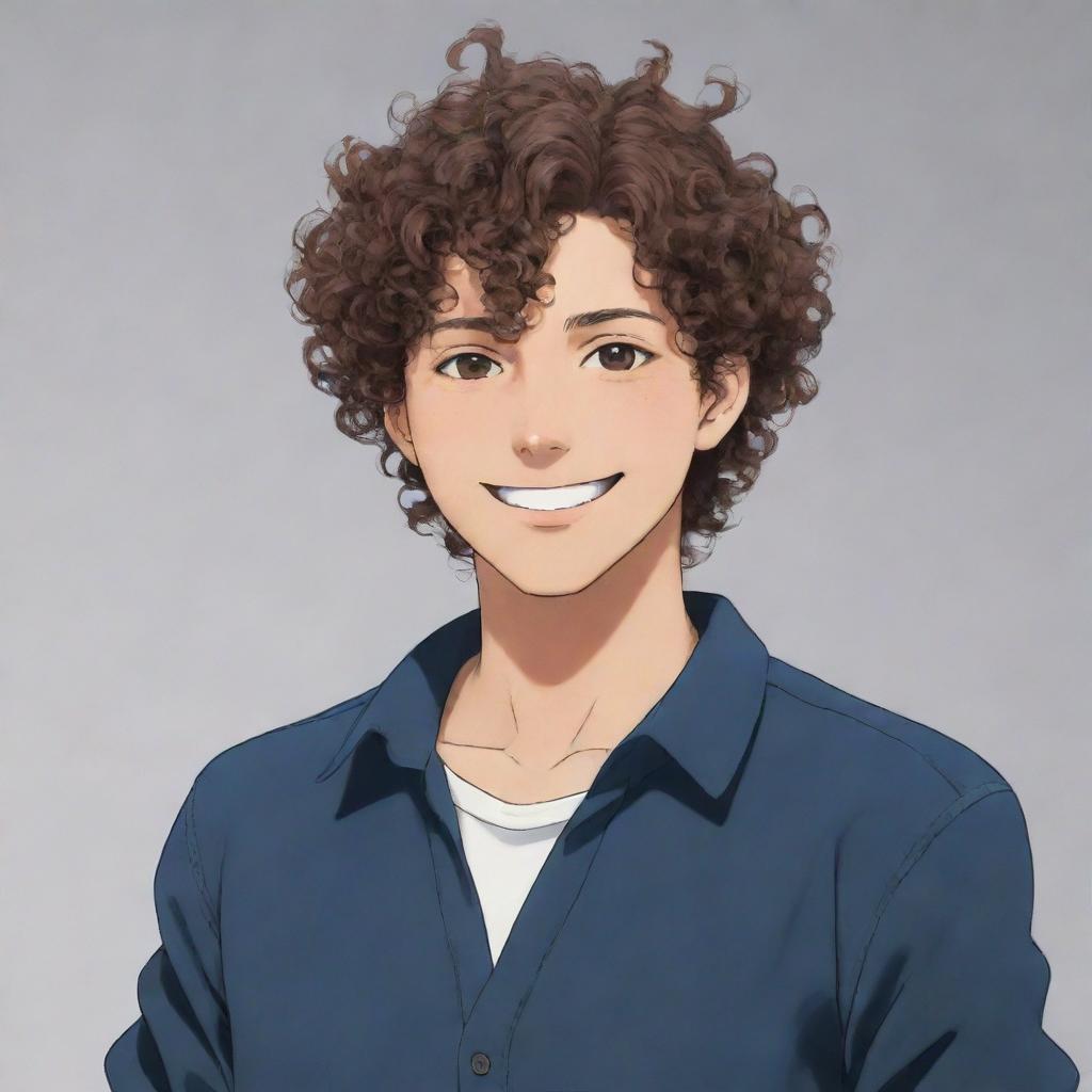 A male anime character with curly hair, sporting a confident smile and casually dressed.