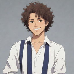 A male anime character with curly hair, sporting a confident smile and casually dressed.