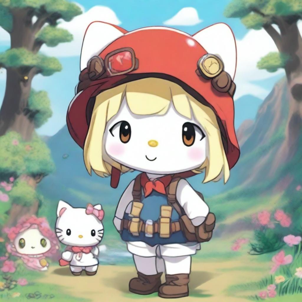 A cute illustration of Hello Kitty and Lyza from Made in Abyss, standing together and smiling