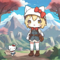 A cute illustration of Hello Kitty and Lyza from Made in Abyss, standing together and smiling