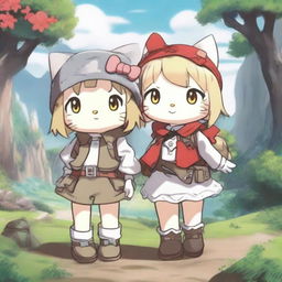 A cute illustration of Hello Kitty and Lyza from Made in Abyss, standing together and smiling