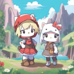 A cute illustration of Hello Kitty and Lyza from Made in Abyss, standing together and smiling