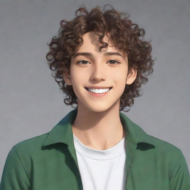 A male anime character with curly hair, sporting a confident smile and casually dressed.